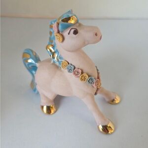 Vintage Walker Renaker Pink Bisque Horse Figurine-Flowers, Blue/Gold Mane Tail